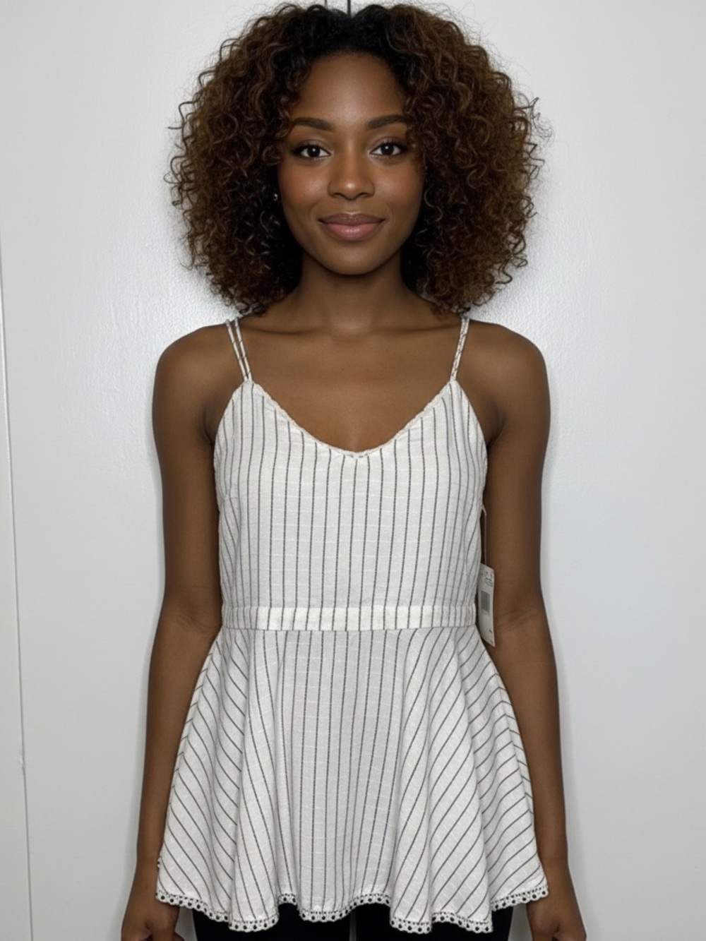Buffalo David Bitton White Striped Strap Women Tank 100% Linen Size M - NWT!